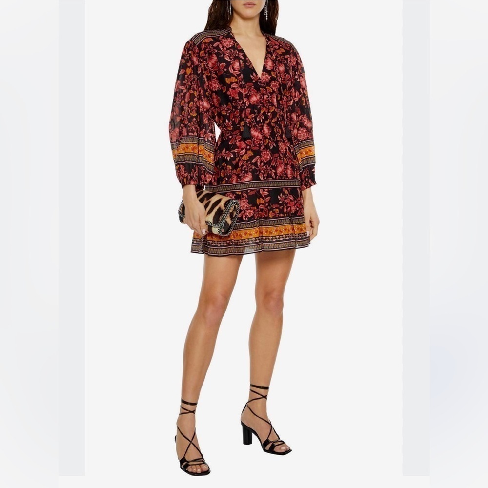 Alice + Olivia Sedona Mandarin Black Red Floral Tunic Blouson Sleeves Mini Dress